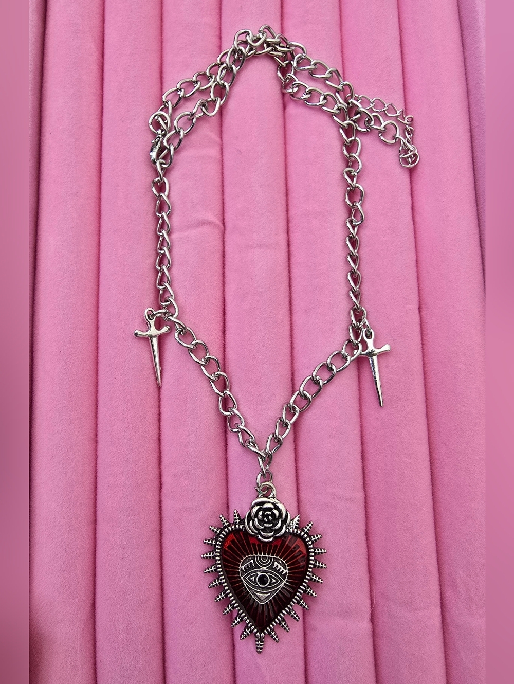 Goth Heart Eye Pendant Necklace with Red Enamel